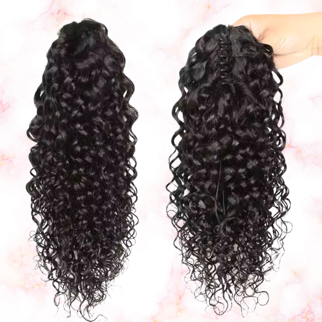 Water Wave Human Hair 2 in 1 Claw Clip Drawstring Ponytail 100% Brazilian Remy Natural Black