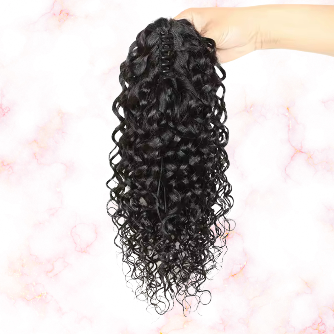 Water Wave Human Hair 2 in 1 Claw Clip Drawstring Ponytail 100% Brazilian Remy Natural Black