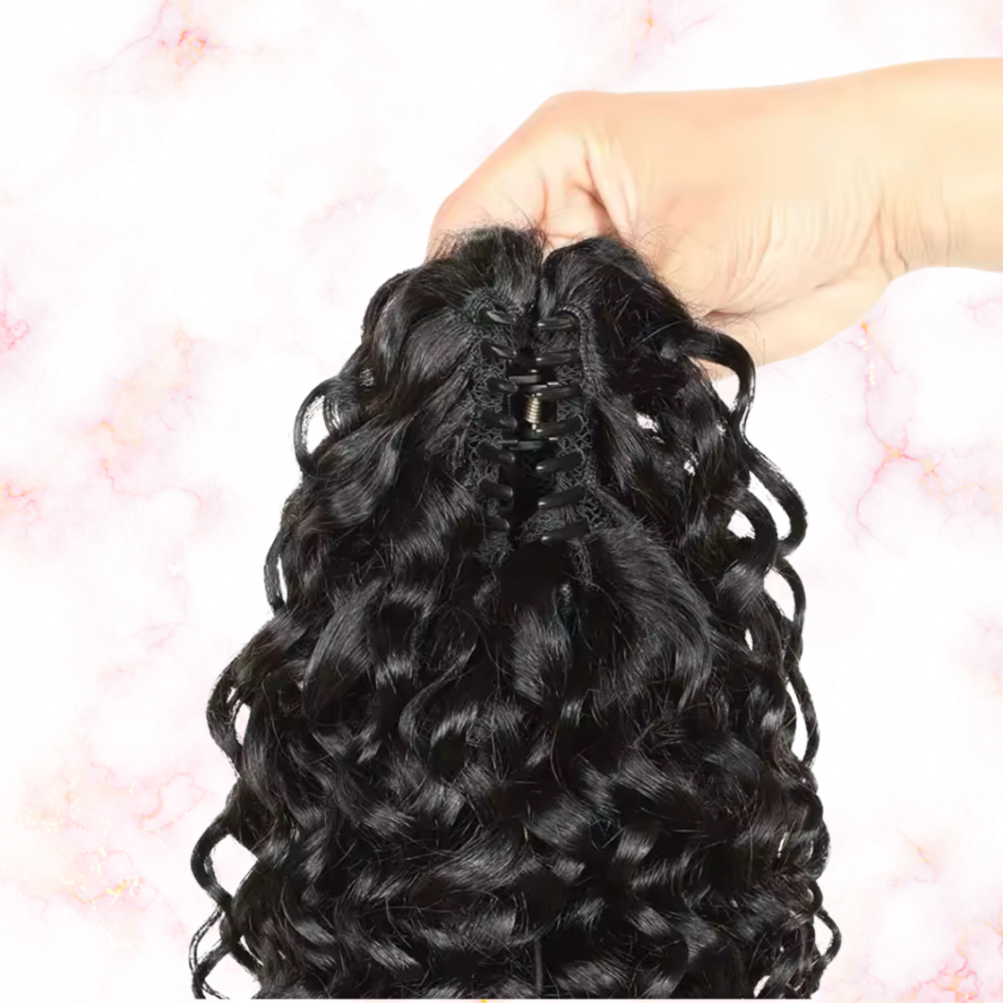Water Wave Human Hair 2 in 1 Claw Clip Drawstring Ponytail 100% Brazilian Remy Natural Black