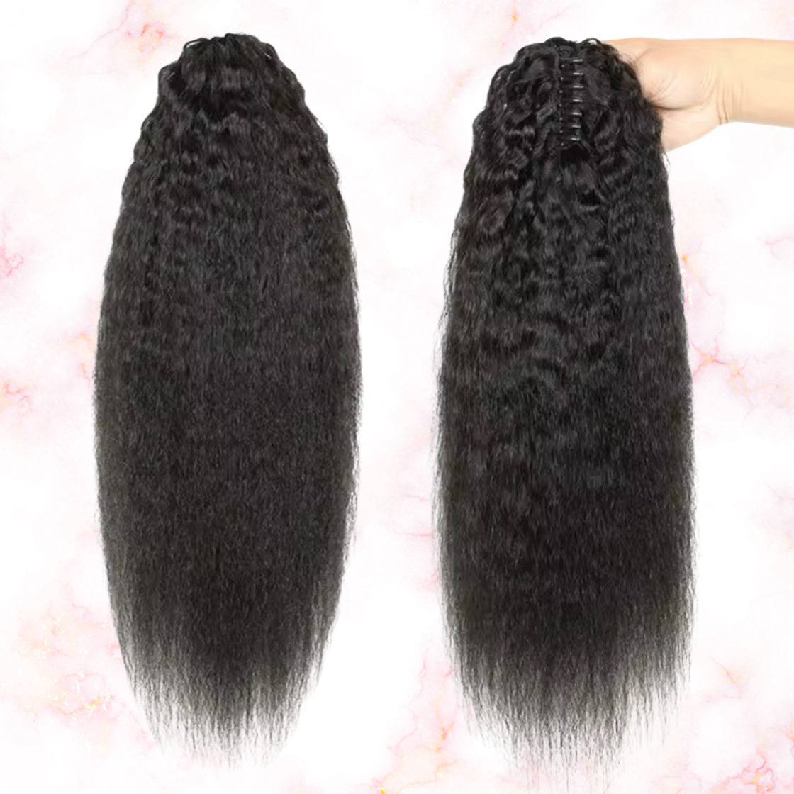 Kinky Straight Human Hair 2 in 1 Claw Clip Drawstring Ponytail 100% Brazilian Remy Natural Black