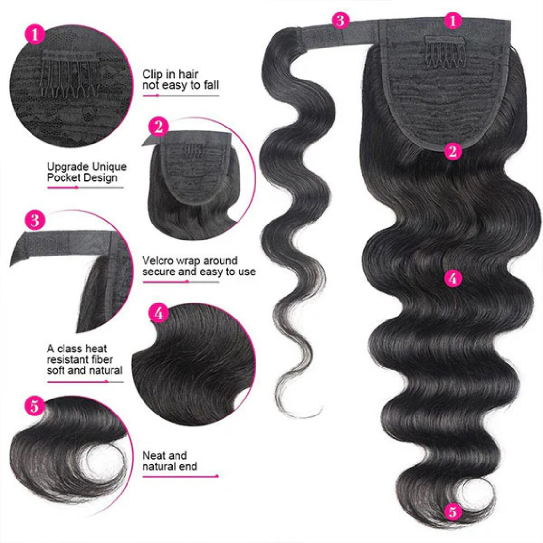 Body Wave Natural Black Wrap Around Ponytail Brazilian Remy 100% Human Hair