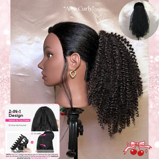 Afro Curly Synthetic 2 in 1 Claw Clip Drawstring Ponytail Natural Black