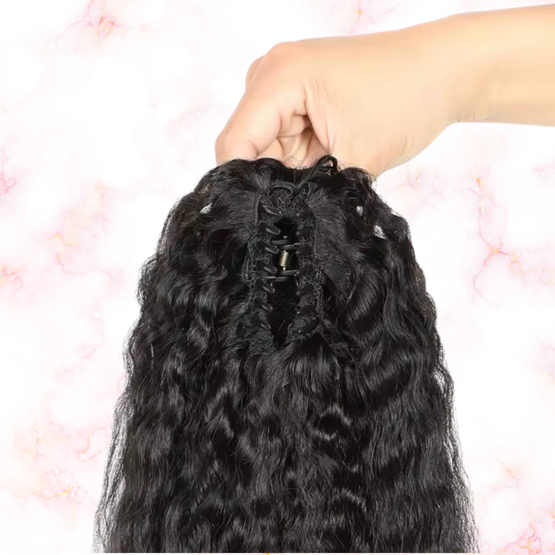 Kinky Straight Human Hair 2 in 1 Claw Clip Drawstring Ponytail 100% Brazilian Remy Natural Black