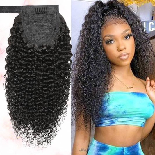 Afro Kinky Curly Natural Black Wrap Around Ponytail Brazilian Remy 100% Human Hair