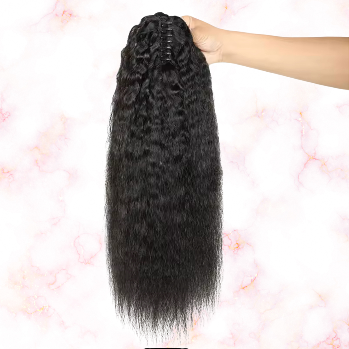 Kinky Straight Human Hair 2 in 1 Claw Clip Drawstring Ponytail 100% Brazilian Remy Natural Black