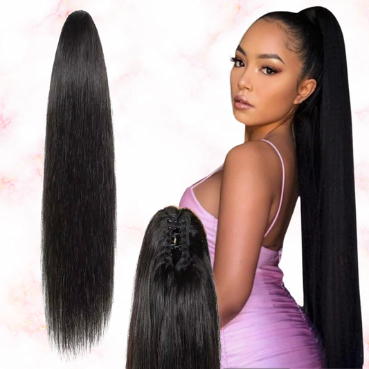 Straight Human Hair 2 in 1 Claw Clip Drawstring Ponytail 100% Brazilian Remy Natural Black