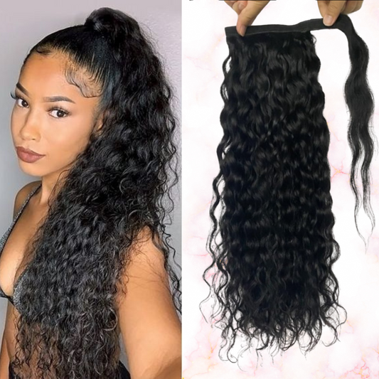 Water Wave Natural Black Wrap Around Ponytail Brazilian Remy 100% Human Hair