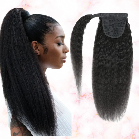 Kinky Straight Natural Black Wrap Around Ponytail Brazilian Remy 100% Human Hair