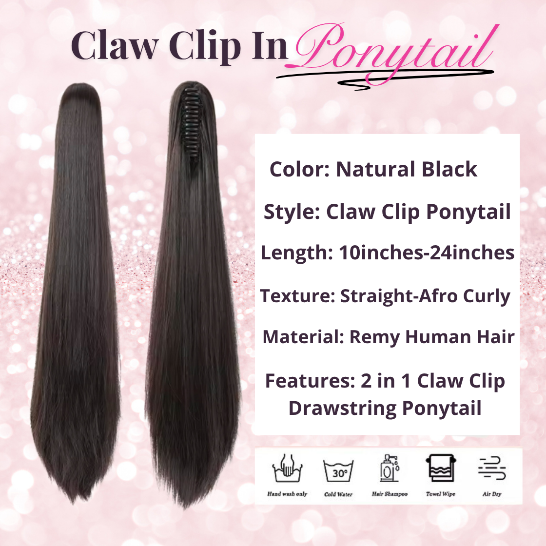 Straight Human Hair 2 in 1 Claw Clip Drawstring Ponytail 100% Brazilian Remy Natural Black