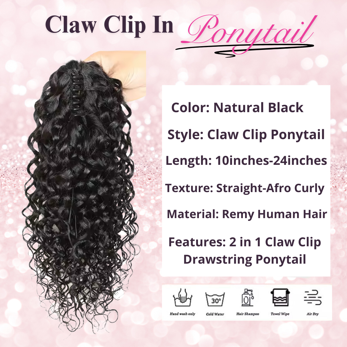 Water Wave Human Hair 2 in 1 Claw Clip Drawstring Ponytail 100% Brazilian Remy Natural Black