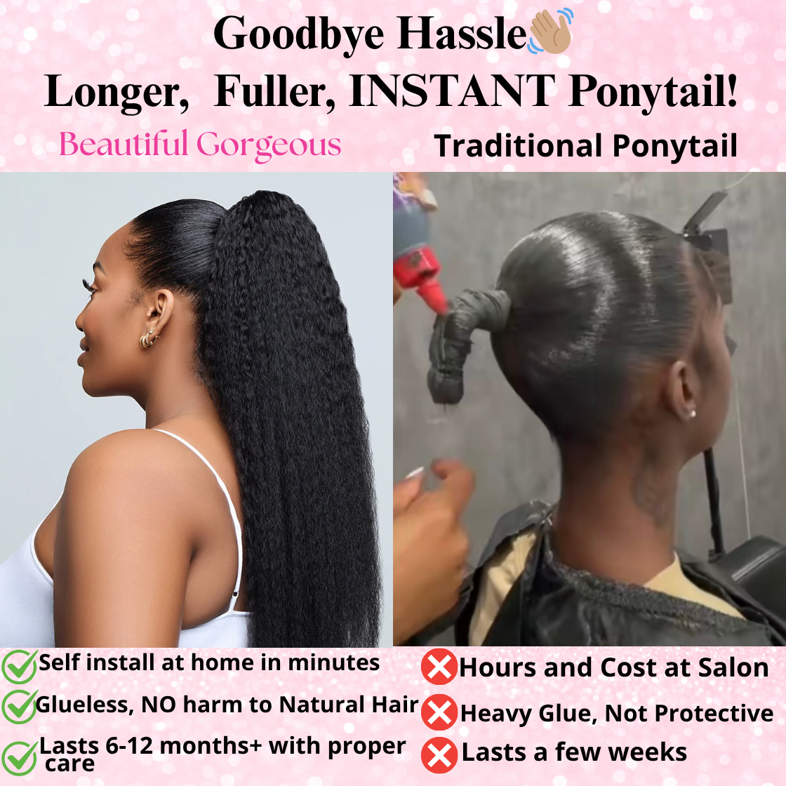 Kinky Straight Human Hair 2 in 1 Claw Clip Drawstring Ponytail 100% Brazilian Remy Natural Black
