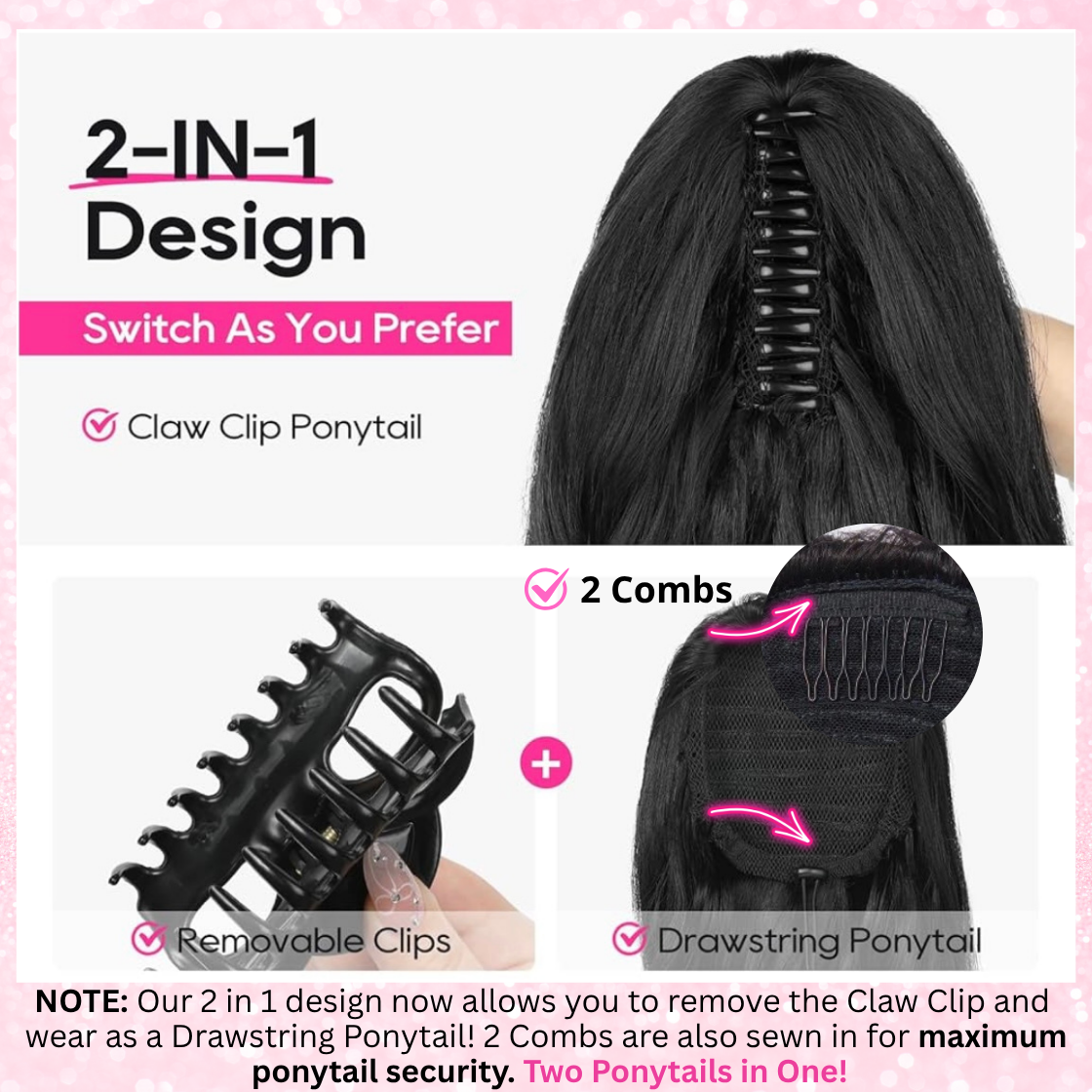 Kinky Straight Human Hair 2 in 1 Claw Clip Drawstring Ponytail 100% Brazilian Remy Natural Black