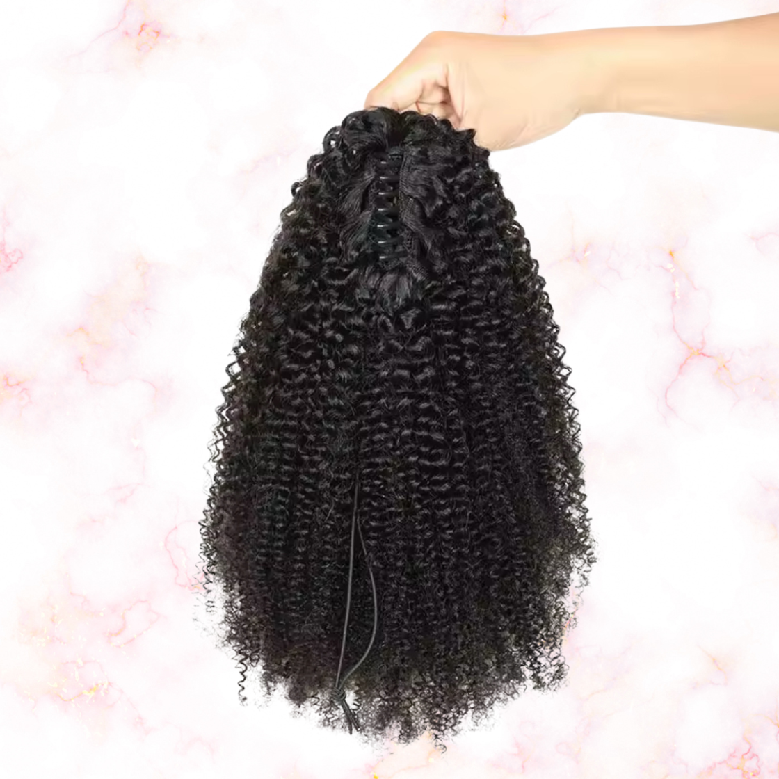 Afro Curly Human Hair 2 in 1 Claw Clip Drawstring Ponytail 100% Brazilian Remy Natural Black