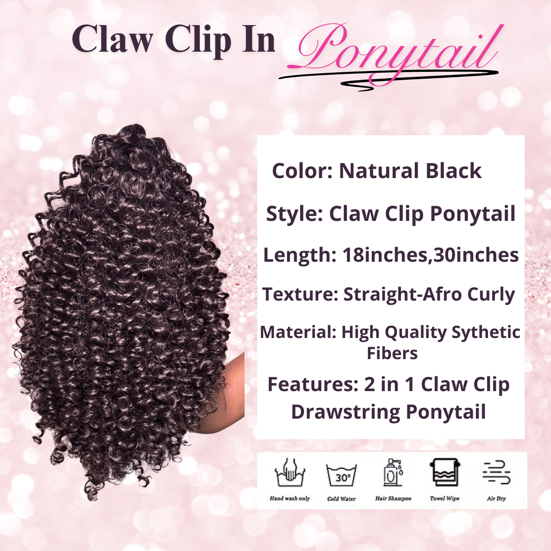 Water Wave Synthetic 2 in 1 Claw Clip Drawstring Ponytail Natural Black