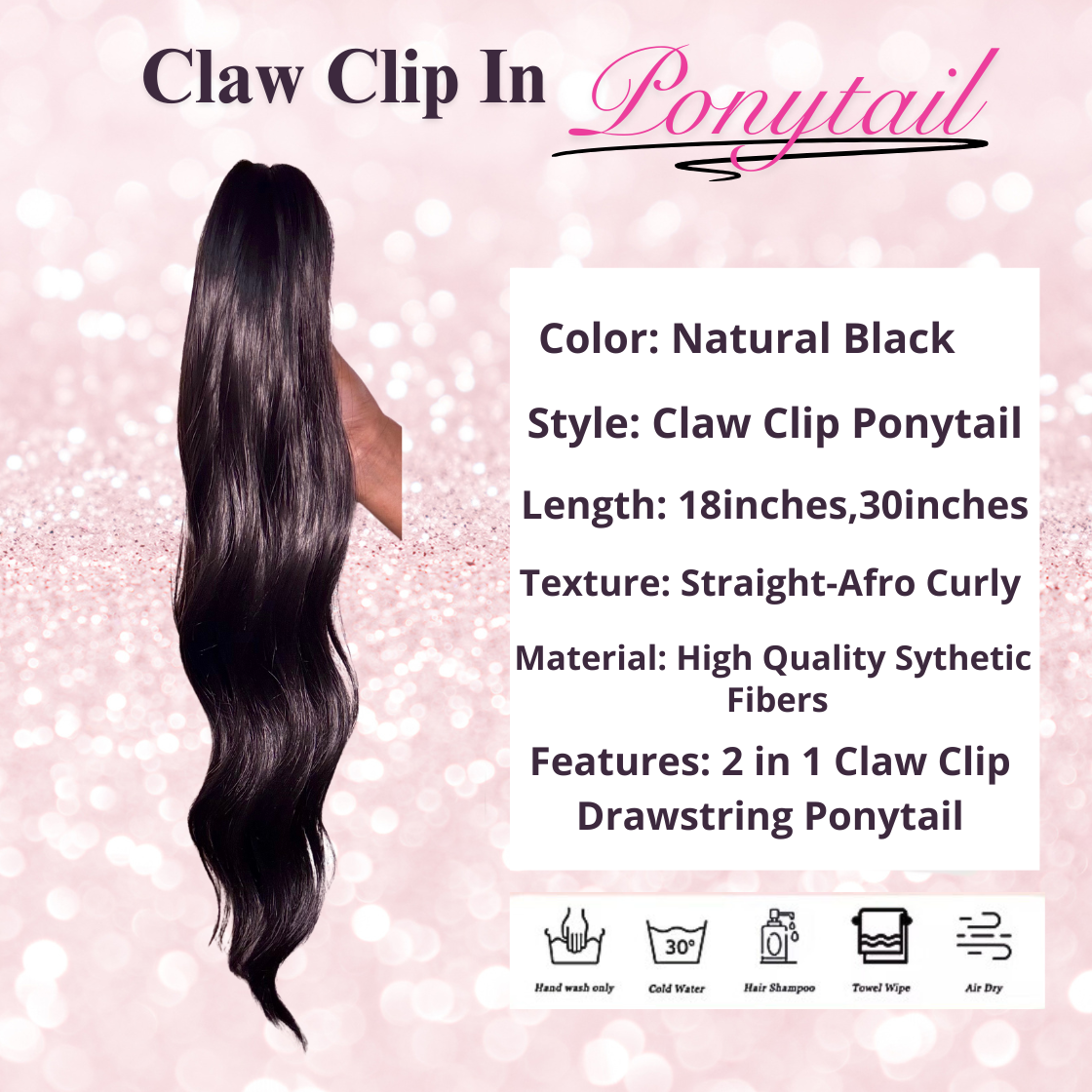 Body Wave Synthetic 2 in 1 Claw Clip Drawstring Ponytail Natural Black