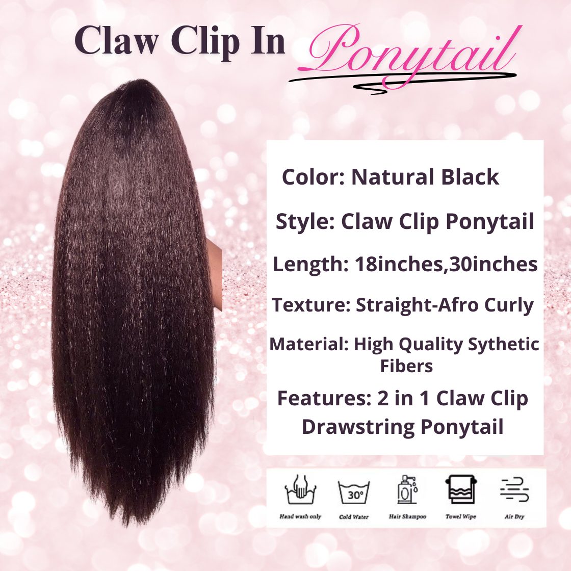 Kinky Straight Synthetic 2 in 1 Claw Clip Drawstring Ponytail
