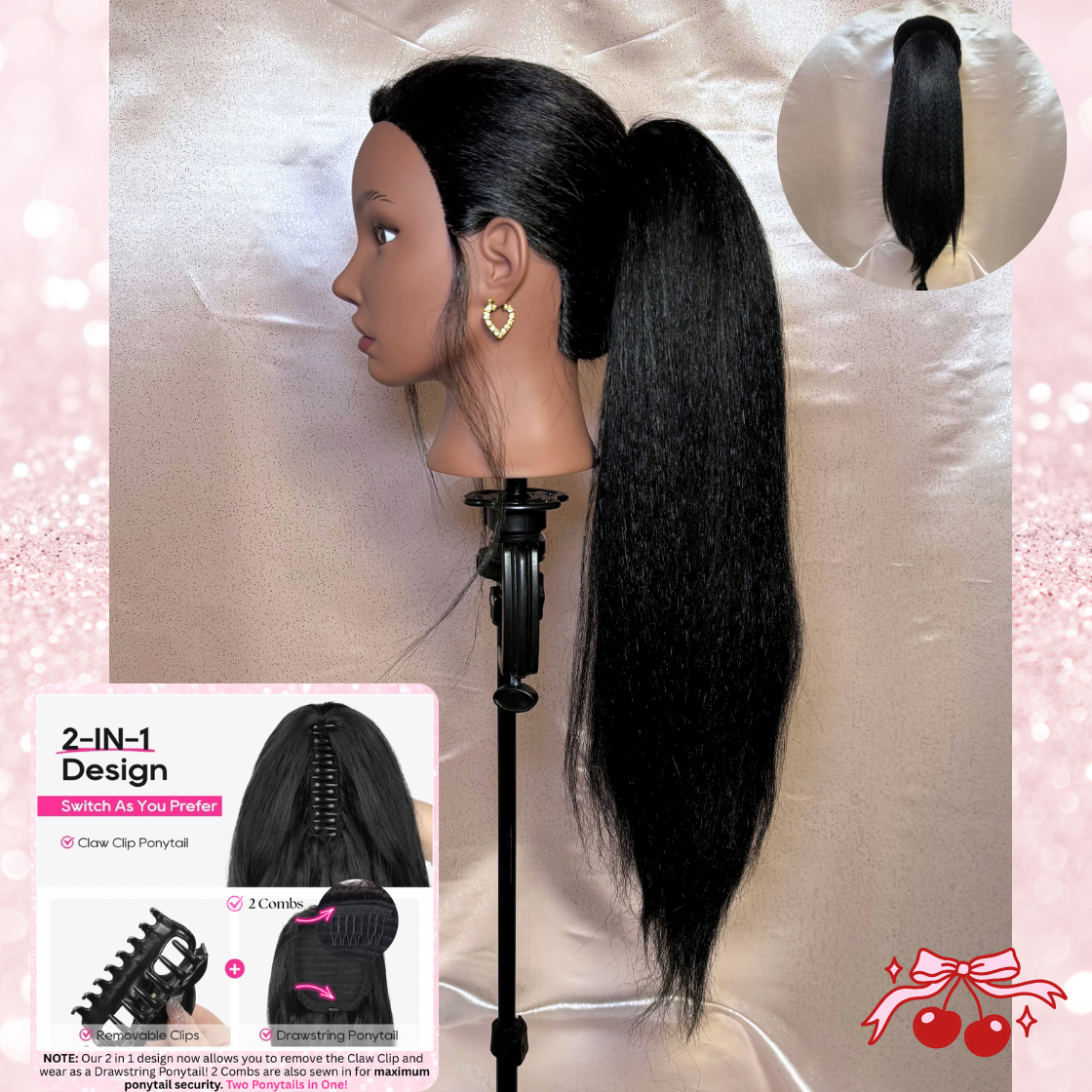 Kinky Straight Synthetic 2 in 1 Claw Clip Drawstring Ponytail