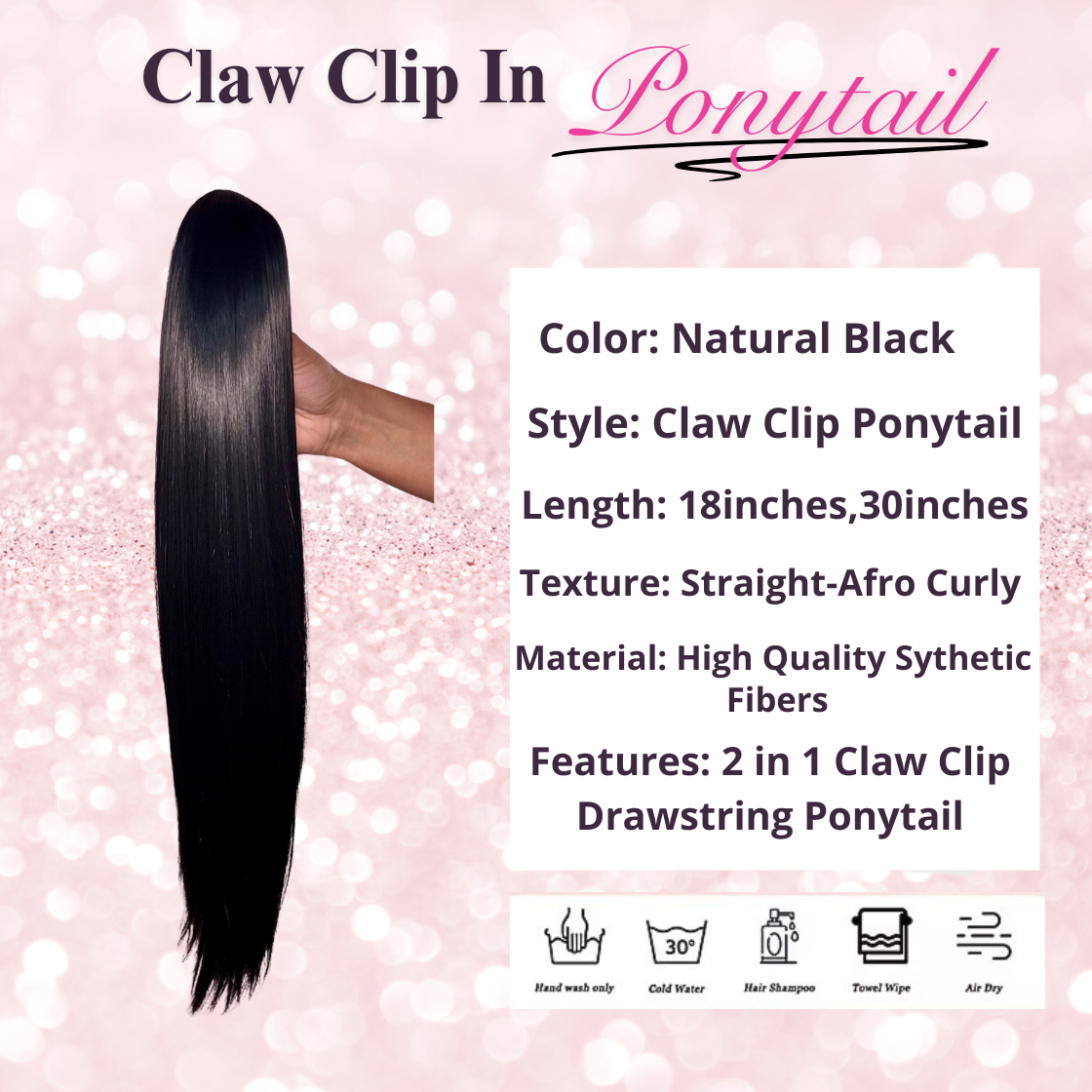 Straight Synthetic 2 in 1 Claw Clip Drawstring Ponytail Natural Black