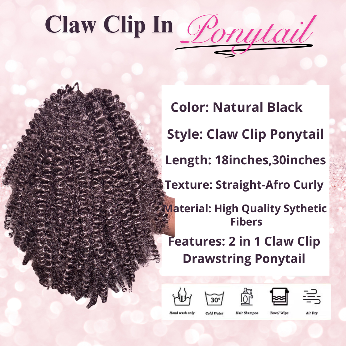 Afro Curly Synthetic 2 in 1 Claw Clip Drawstring Ponytail Natural Black