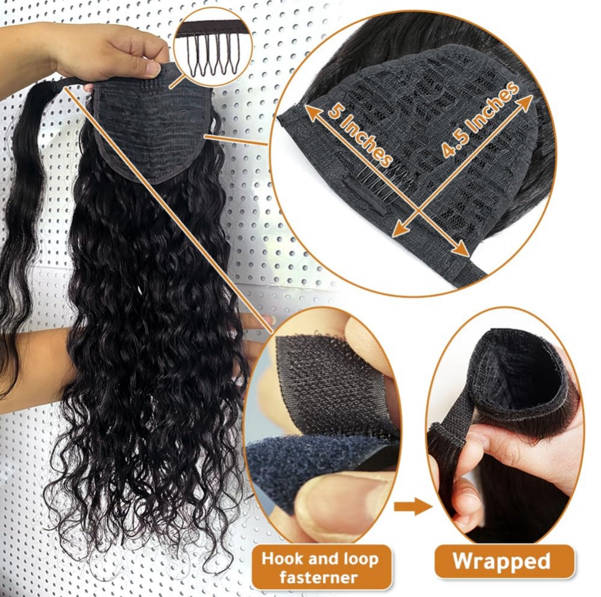 Water Wave Natural Black Wrap Around Ponytail Brazilian Remy 100% Human Hair