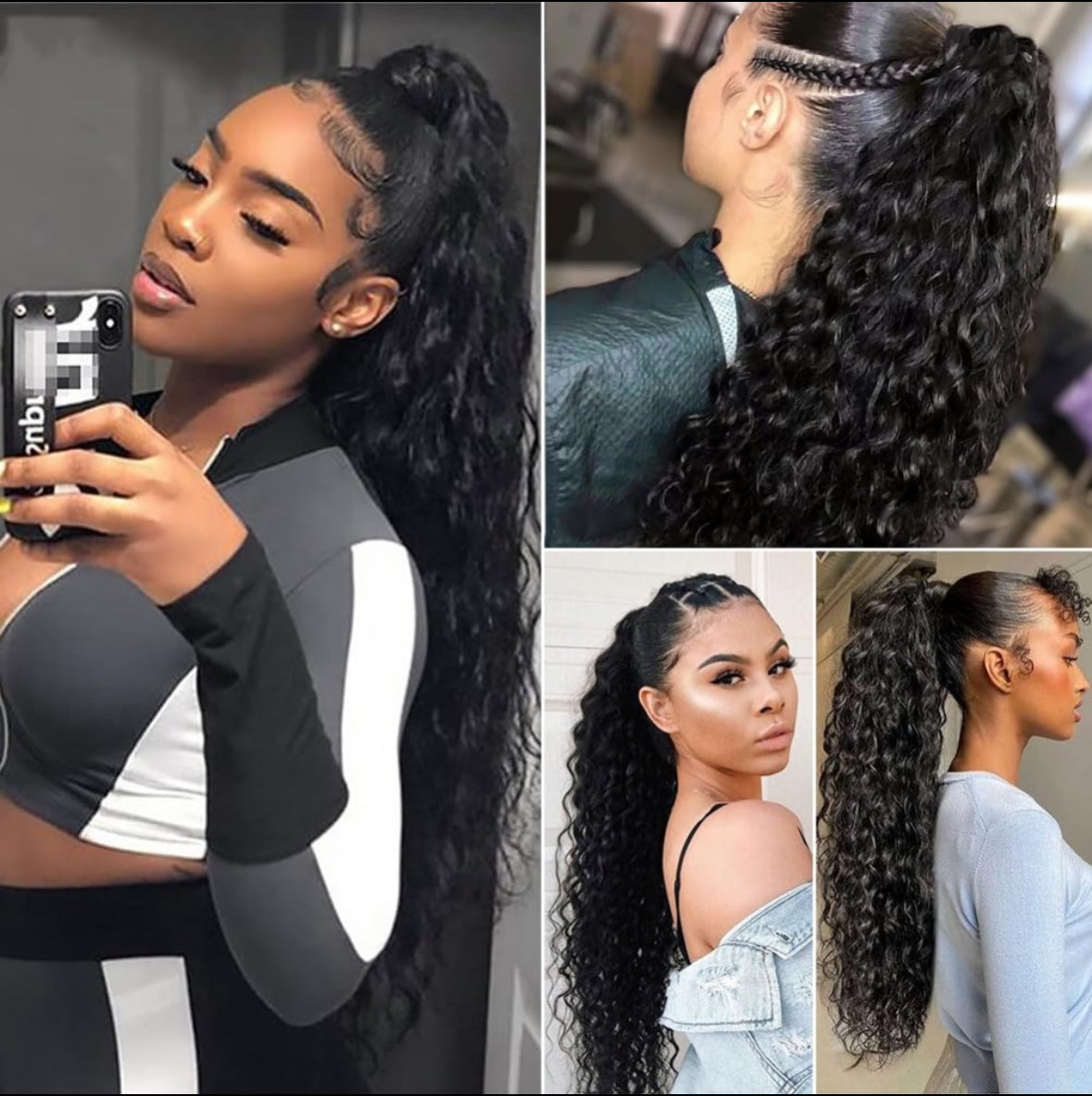 Water Wave Natural Black Wrap Around Ponytail Brazilian Remy 100% Human Hair