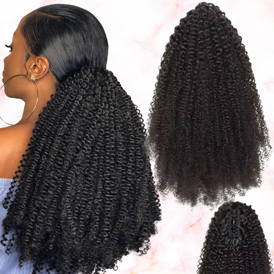 Afro Curly Human Hair 2 in 1 Claw Clip Drawstring Ponytail 100% Brazilian Remy Natural Black