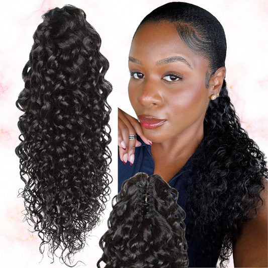 Water Wave Human Hair 2 in 1 Claw Clip Drawstring Ponytail 100% Brazilian Remy Natural Black