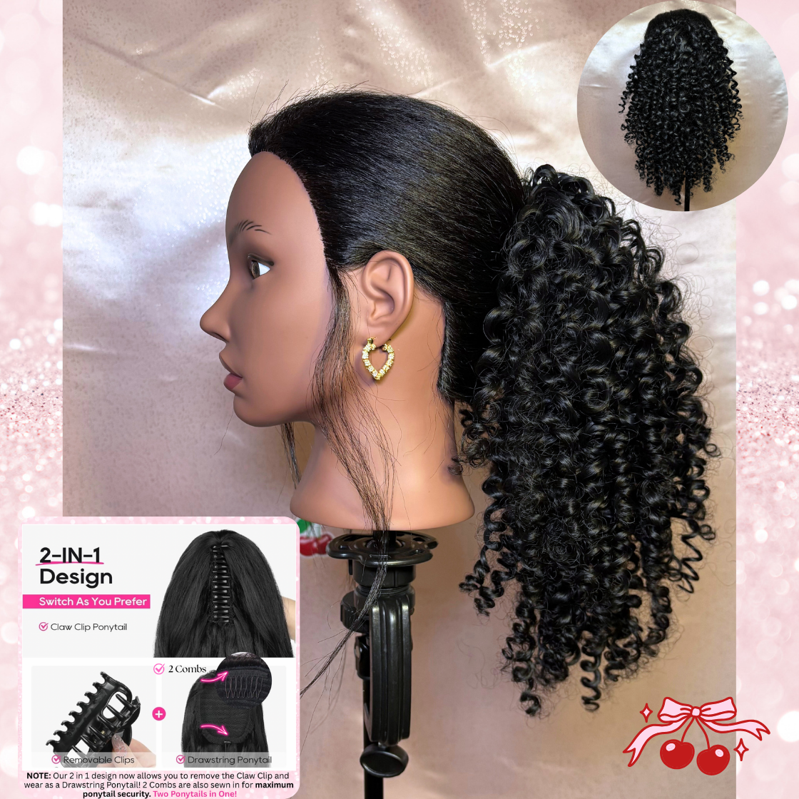 Water Wave Synthetic 2 in 1 Claw Clip Drawstring Ponytail Natural Black