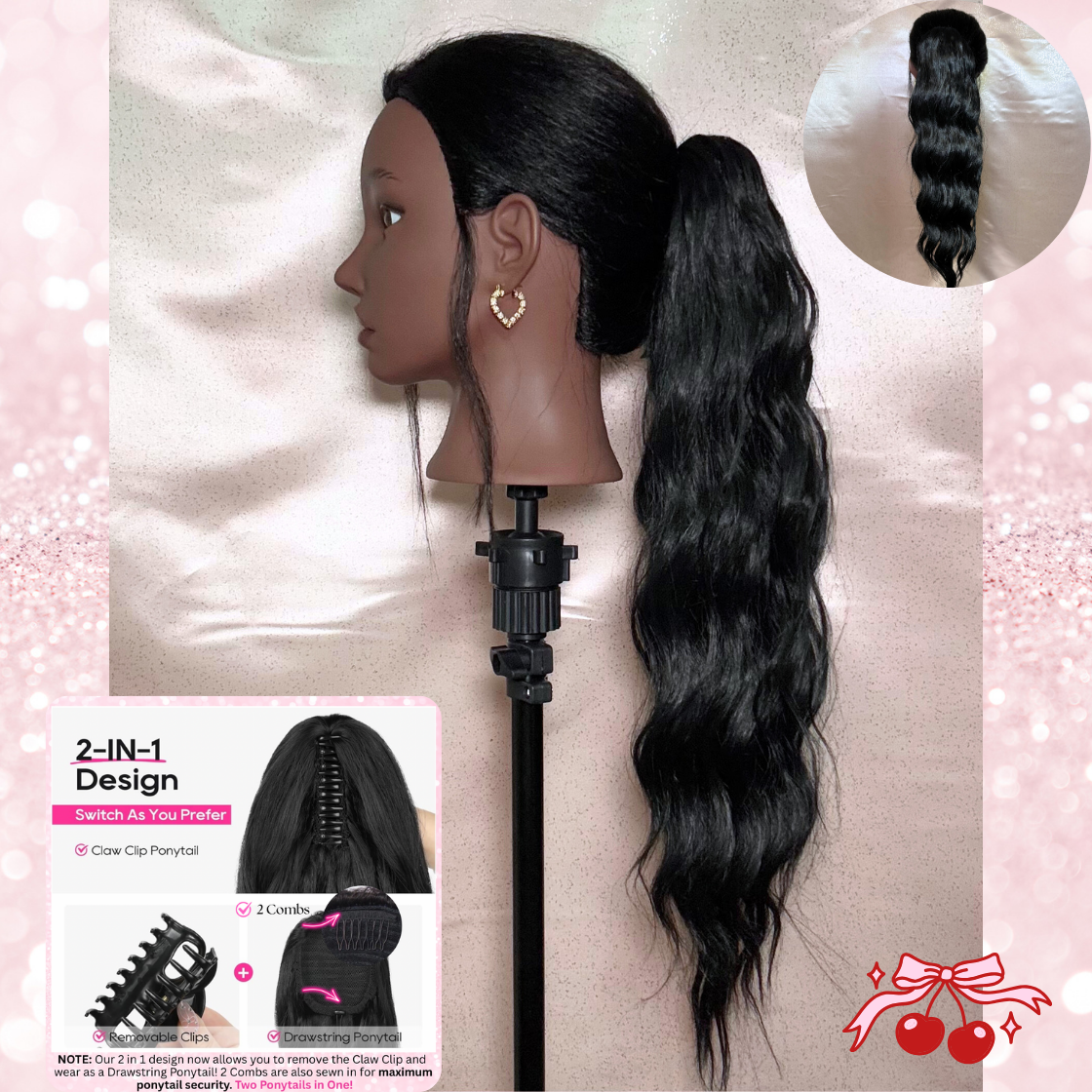 Body Wave Synthetic 2 in 1 Claw Clip Drawstring Ponytail Natural Black