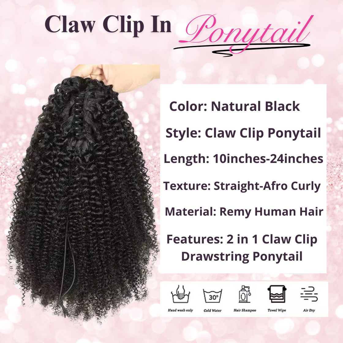 Afro Curly Human Hair 2 in 1 Claw Clip Drawstring Ponytail 100% Brazilian Remy Natural Black
