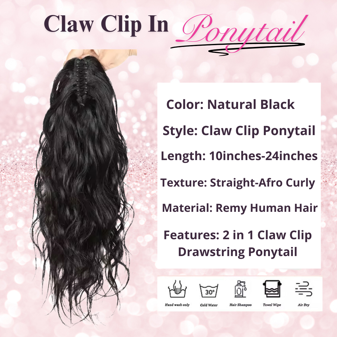 Body Wave Human Hair 2 in 1 Claw Clip Drawstring Ponytail 100% Brazilian Remy Natural Black