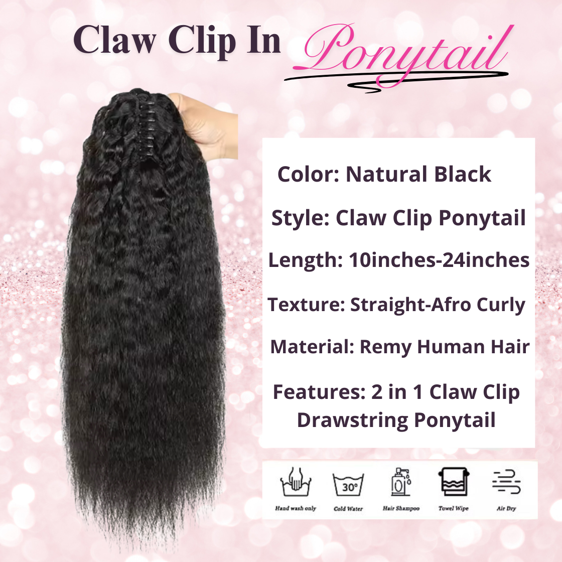 Kinky Straight Human Hair 2 in 1 Claw Clip Drawstring Ponytail 100% Brazilian Remy Natural Black