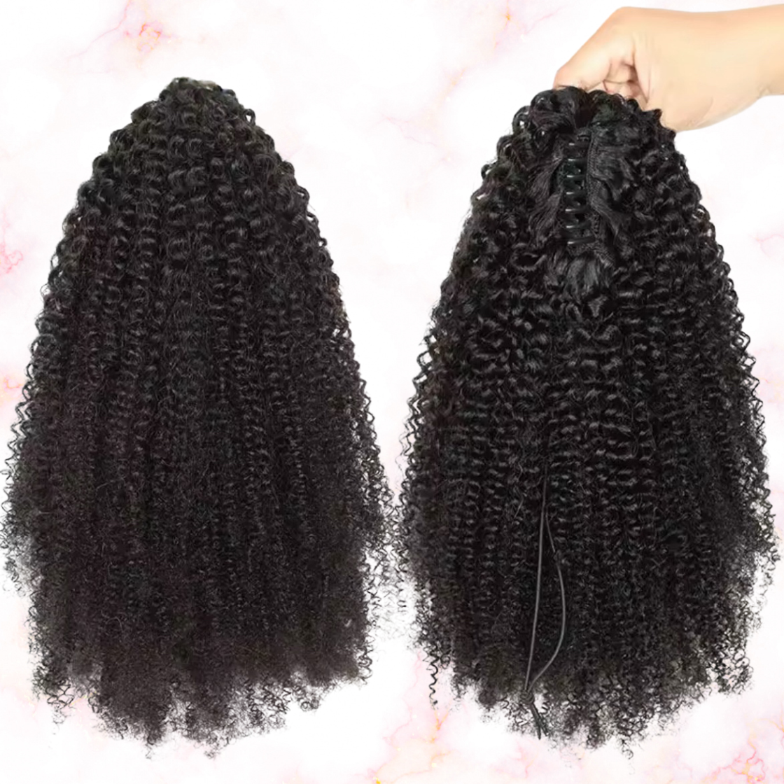 Afro Curly Human Hair 2 in 1 Claw Clip Drawstring Ponytail 100% Brazilian Remy Natural Black