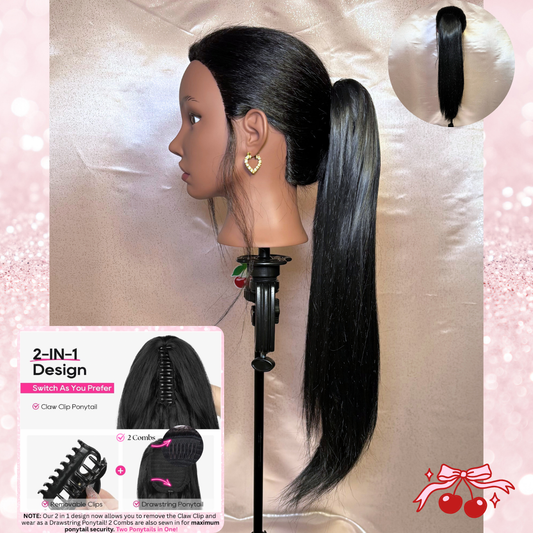Straight Synthetic 2 in 1 Claw Clip Drawstring Ponytail Natural Black