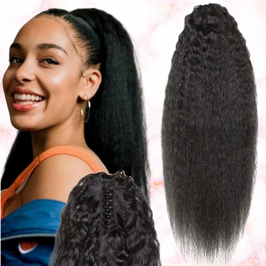 Kinky Straight Human Hair 2 in 1 Claw Clip Drawstring Ponytail 100% Brazilian Remy Natural Black